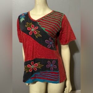 Rising International Sz M Patchwork Embroidered Boho Top Brown Festival Shirt
